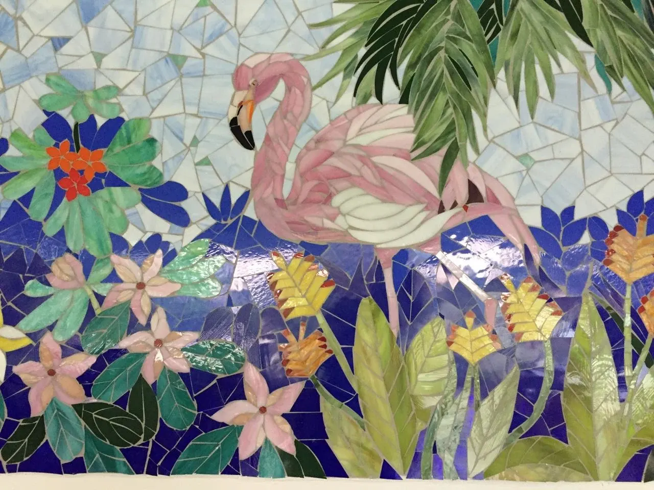 Hand-cut coloured glass flora and fauna, Ahmedabad residence mosaic
