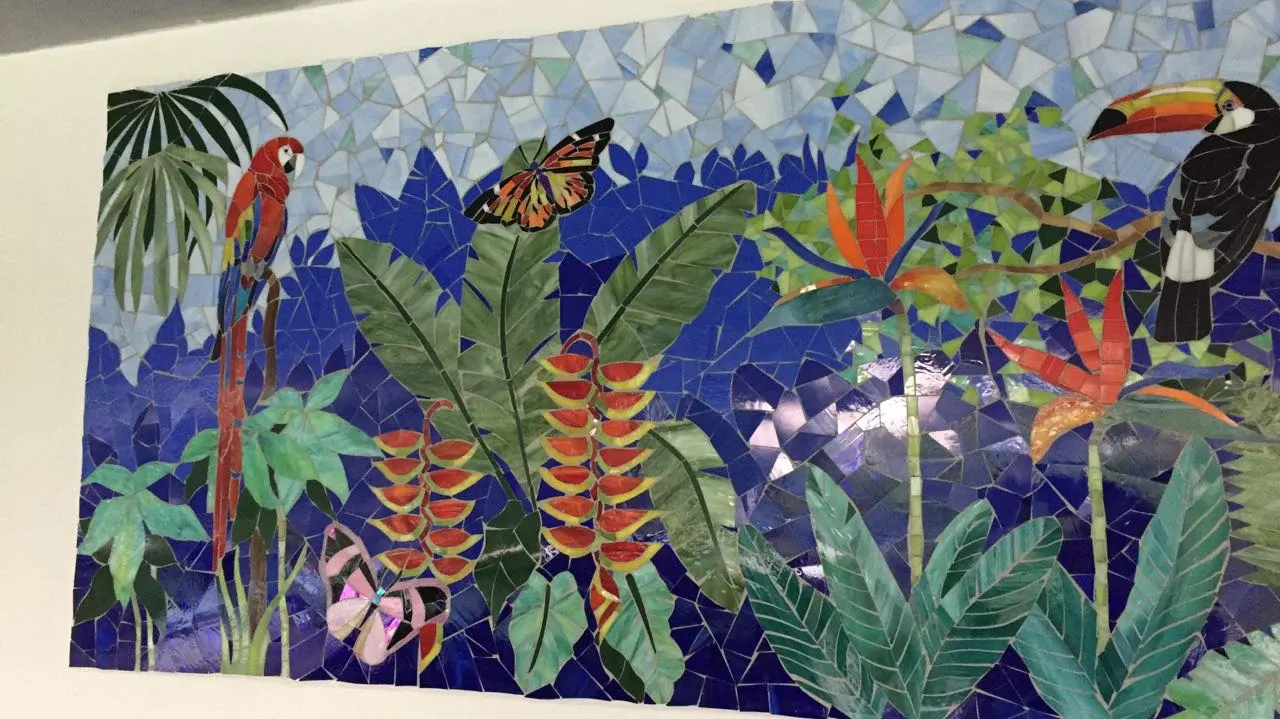 Detail of the 75 sq ft tropical forest mosaic mural, Ahmedabad