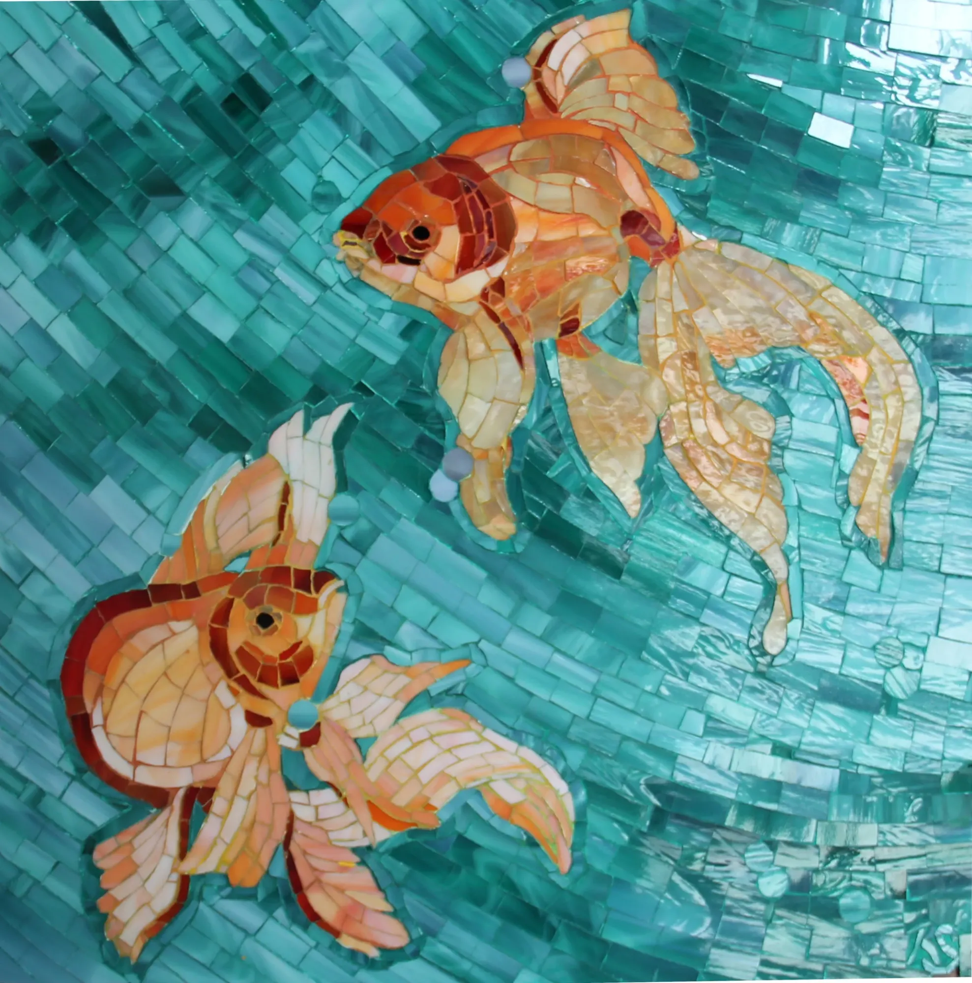 Mosaic of goldfishes splashing about the water