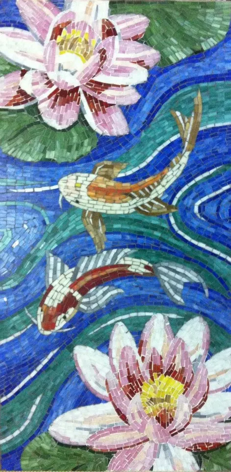 Mosaic of two koi fishes twirling about water lilies