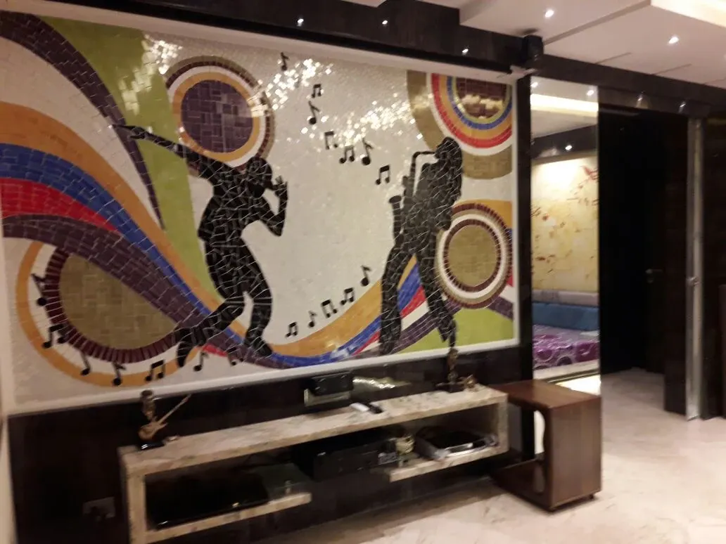 9.5 by 5.5 feet ceramic mosaic mural of musical notes and dancing figures, Kolkata residence