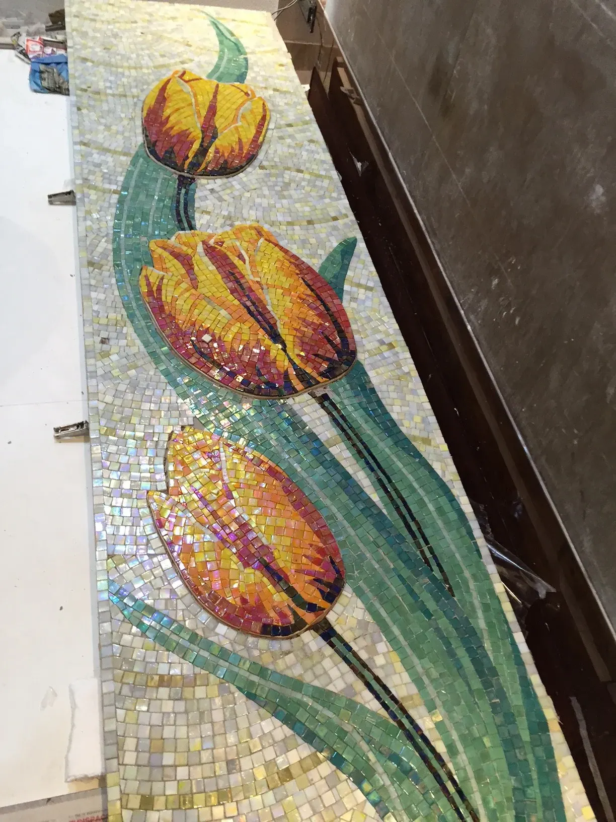Hand-cut glass tile tulips on 7 by 2 feet cabinet doors, Kolkata