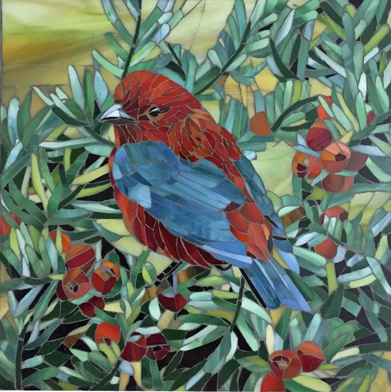 Intricate hand-cut glass mosaic bird